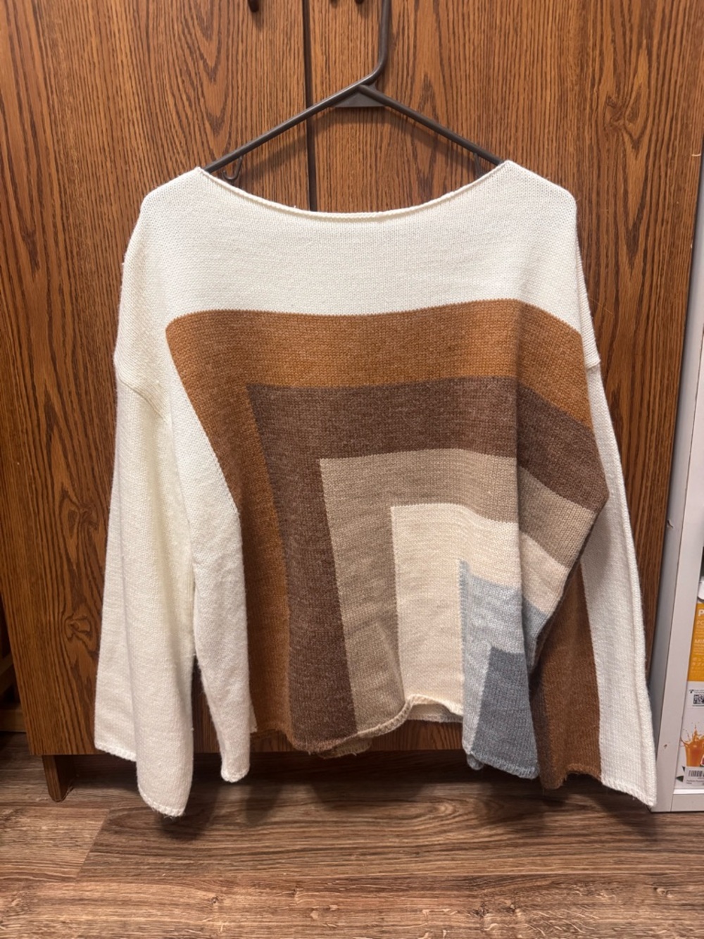 Main Strip Cream, Brown and Tan Off-Shoulder Colorblock Sweater